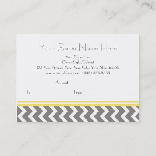 Customizable Salon Gift Certificate Yellow Grey Chevron Business Card Template