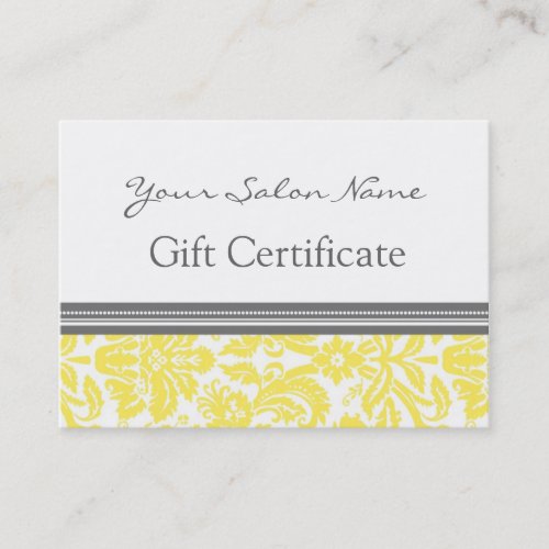Salon Gift Certificate Yellow Grey Damask Business Card Templates