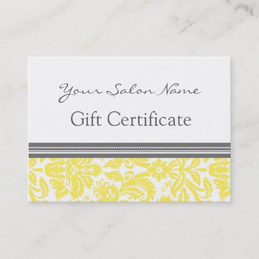 Customizable Salon Gift Certificate Yellow Grey Damask Business Card Templates