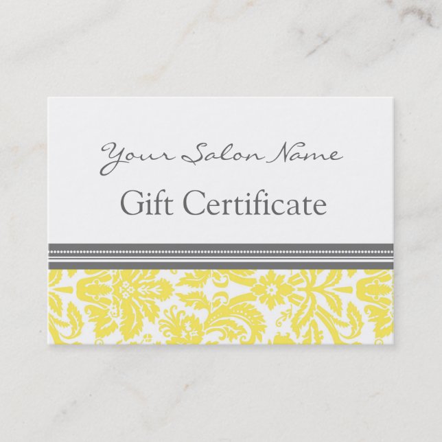Salon Gift Certificate Yellow Grey Damask (Front)