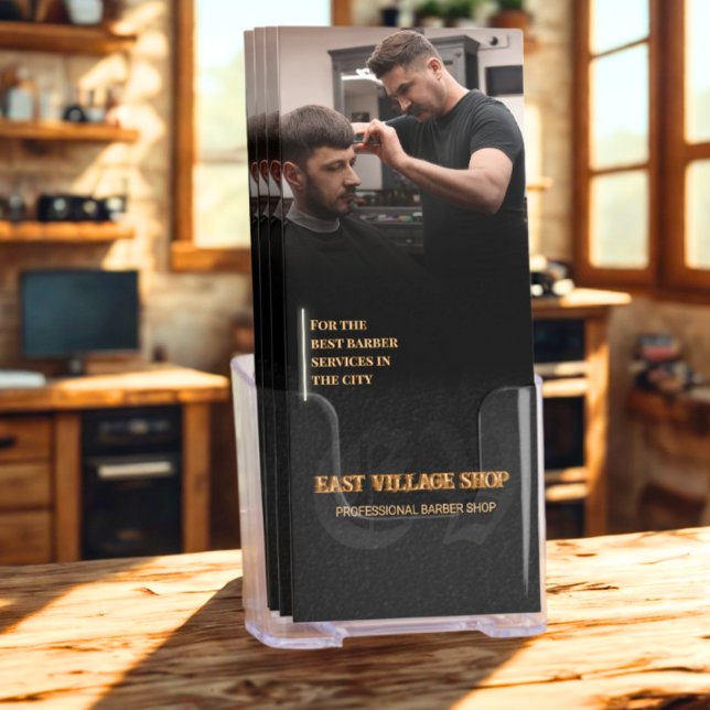 Salon Hair Stylist Barber Modern Black and Gold Brochure (Creator Uploaded)