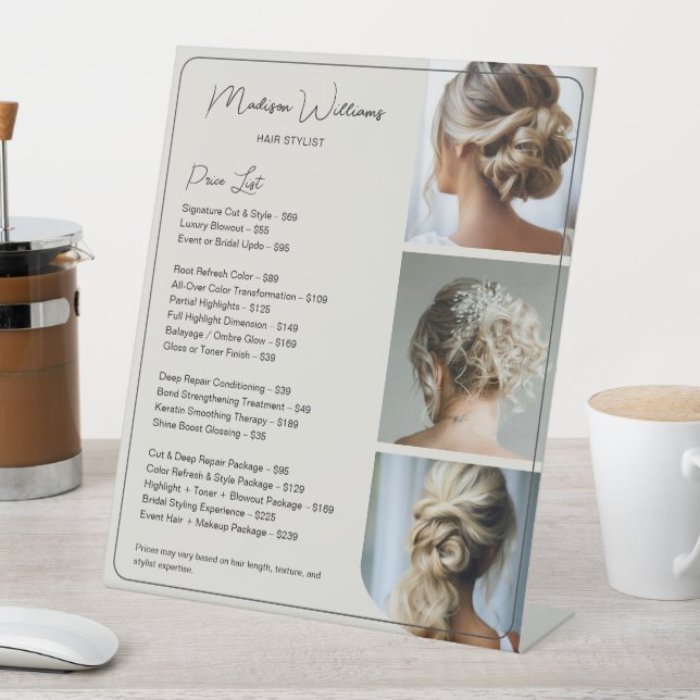 Salon Hair Stylist Neutral Services Price List Pedestal Sign (In SItu)