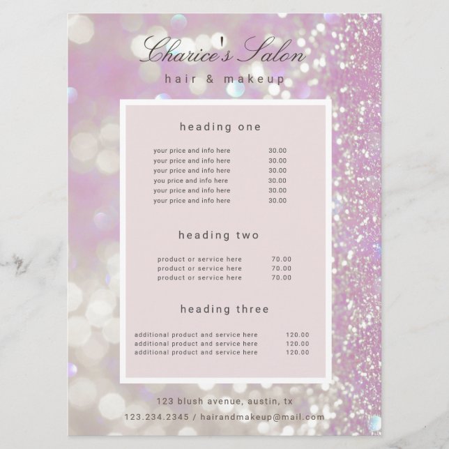 salon luxurious shimmer pastel price card (Front)