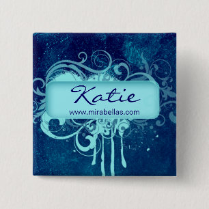 Salon Name Tag Button Brooch blue grunge floral