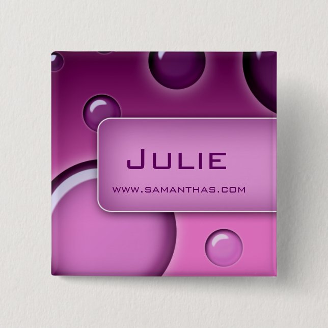 Salon Name Tag Button Brooch Bubbles Purple (Front)