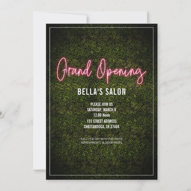Salon Opening Neon Boxwood Invitation (Front)