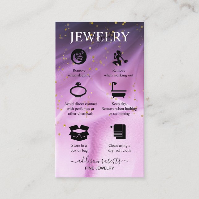 salon pink and purple glitter Jewelry Care  Business Card (Front)