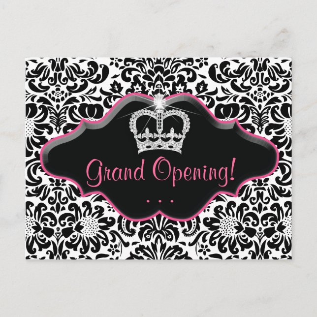Salon Postcard Damask Black White Pink Frame (Front)