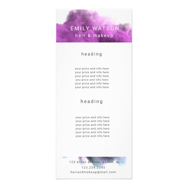 salon purple smoke effect price list rack card (Front)