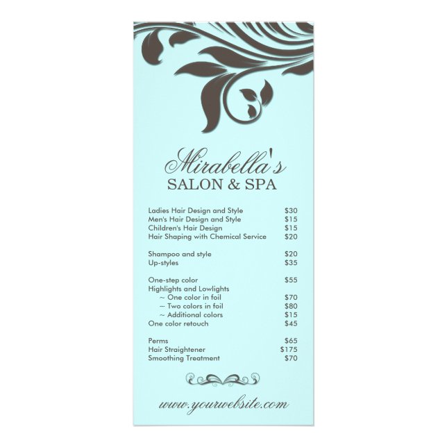 Salon Rack Card Spa Leaf Floral Blue Brown (Front)
