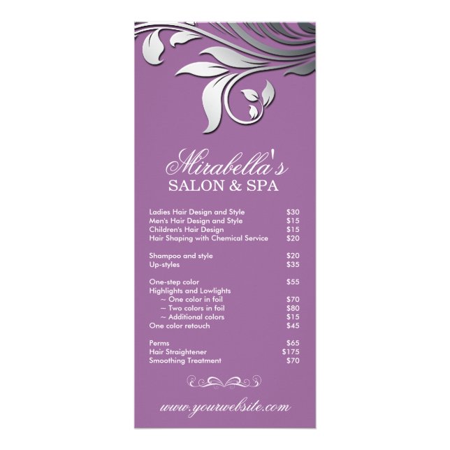Salon Rack Card Spa Leaf Floral Purple Silver (Front)