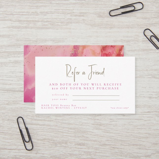 Salon Refer a Friend Pink & Gold Discount  Business Card (Front/Back In Situ)