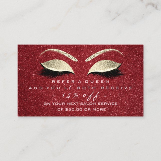 Salon Referral Card Gold Glitter Lash Red Makeup (Front)