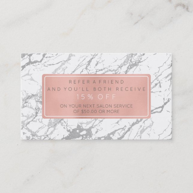 Salon Referral Card Pink Gold Rose White Marble (Front)