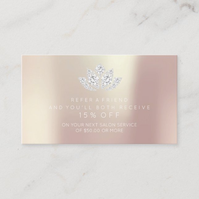 Salon Referral Card Pink Rose Diamond Lotus White (Front)