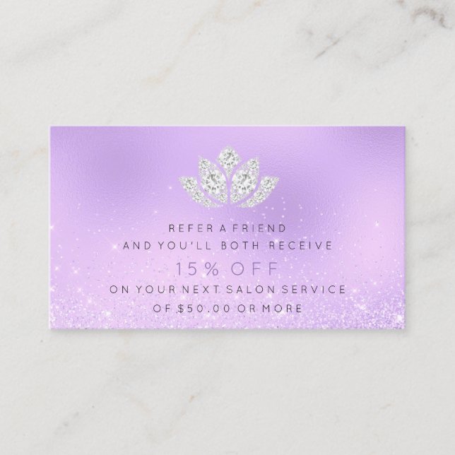 Salon Referral Card Purple Lavender Glitter Lotus3 (Front)