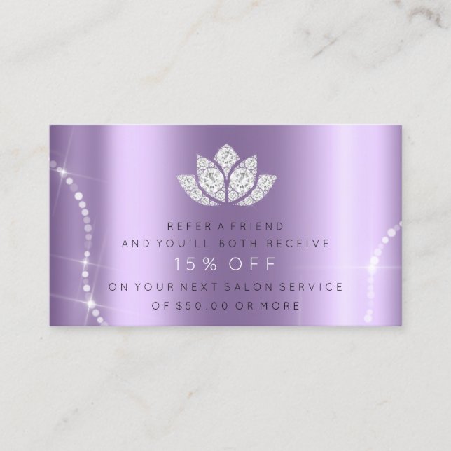 Salon Referral Card Violet Lavender Sparkly Lotus (Front)