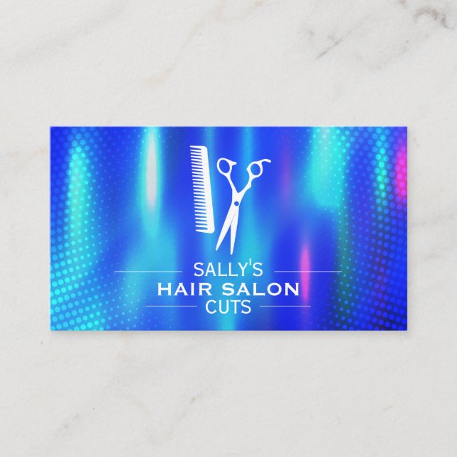 Salon Scissors and Comb Logo | Blue Metallic Business Card (Front)
