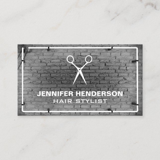 Salon Scissors | Brick Wall Neon Lights Business Card (Front)