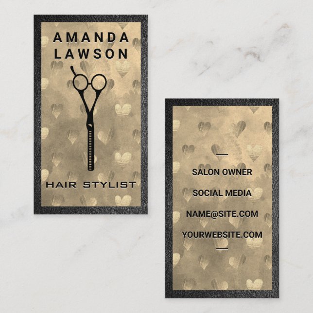 Salon Scissors | Gold Heart Pattern | Leather Trim Business Card (Front/Back)