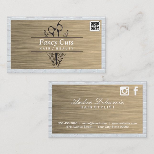 Salon Scissors | Gold Metal Brick | QR Code Business Card (Front/Back)