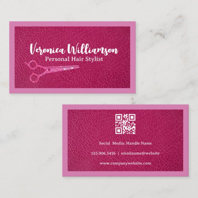Salon Scissors | Pink Leather | QR Business Card (Front/Back)
