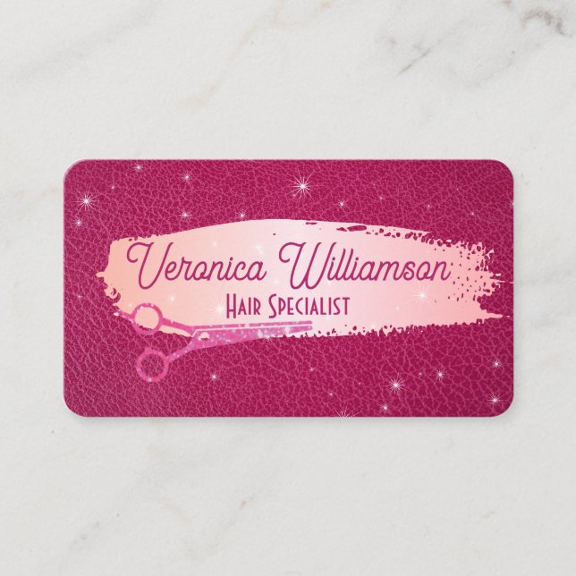 Salon Scissors | Pink Leather | Sparkles Business Card (Front)