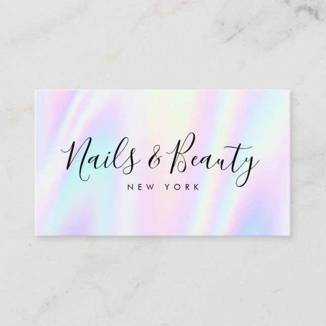 Salon script holographic glam abstract iridescent business card (Front)