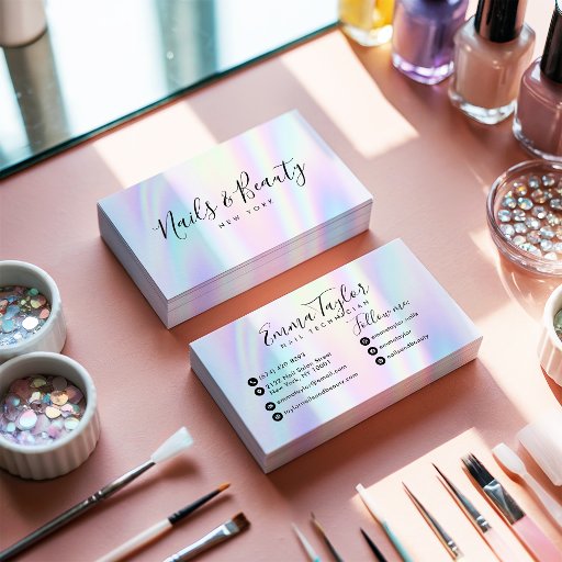 Customizable Salon script holographic glam abstract iridescent business card