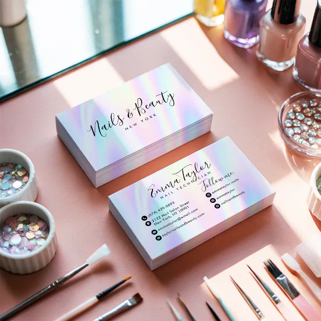 Salon script holographic glam abstract iridescent business card