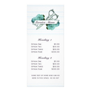 salon service menu scissors vintage floral blue