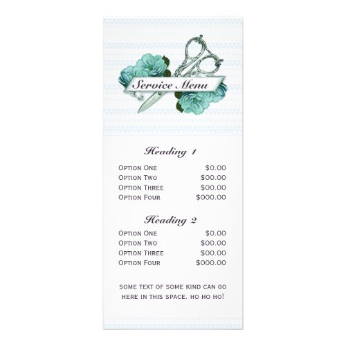 salon service menu scissors vintage floral blue