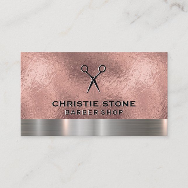 Salon Shears Rose Gold Foil Metallic Trim Business Card (Front)