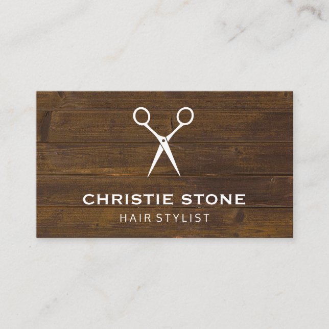 Salon Shears Rustic Wood Business Card (Front)