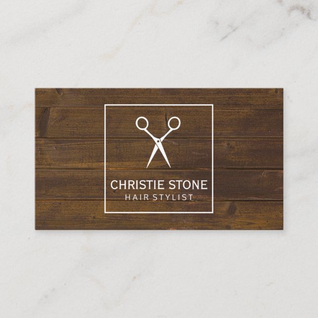 Salon Shears Rustic Wood White Box Business Card (Front)