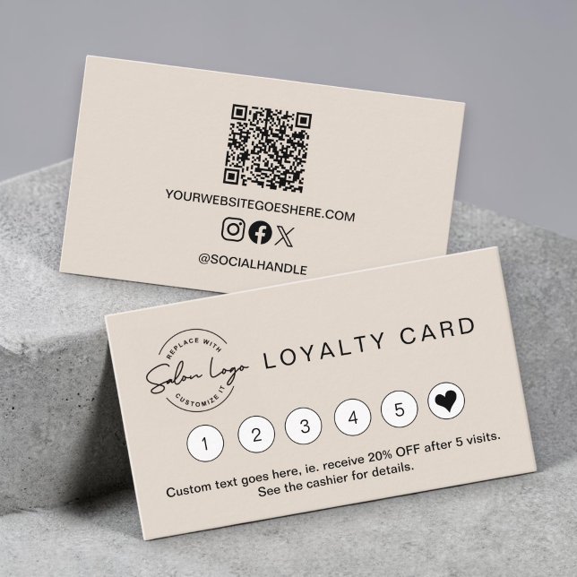 Salon Small Beige business Punch card QR code (Simple, minimalist, salon, spa business loyalty cards, heart punch card, with QR code and socials)