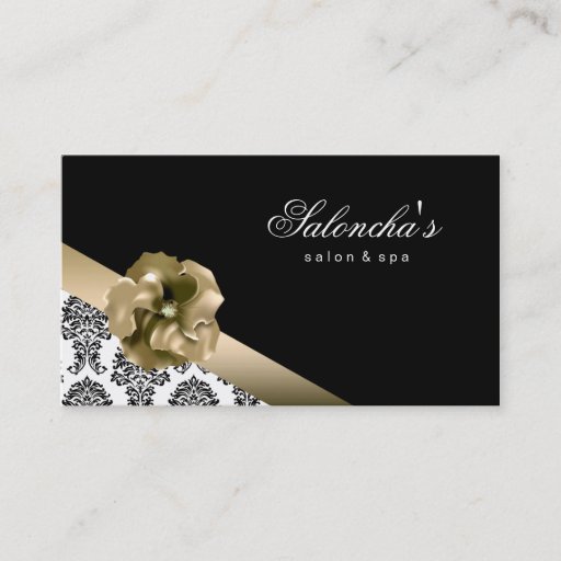 Customizable Salon Spa Business Card black gold floral damask