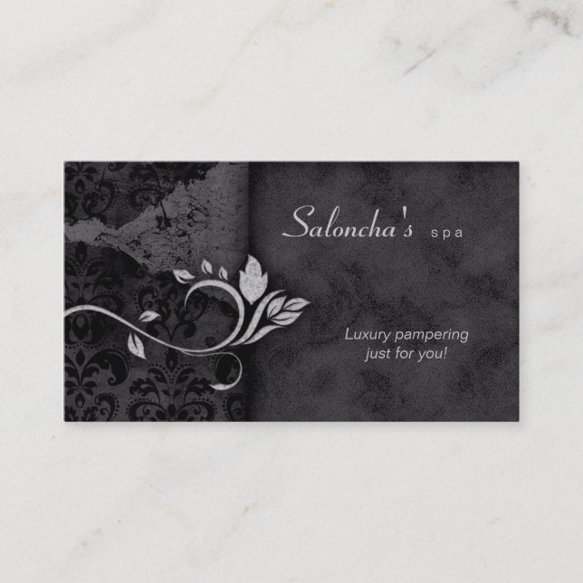 Salon Spa Business Card black gray aged damask (Front)