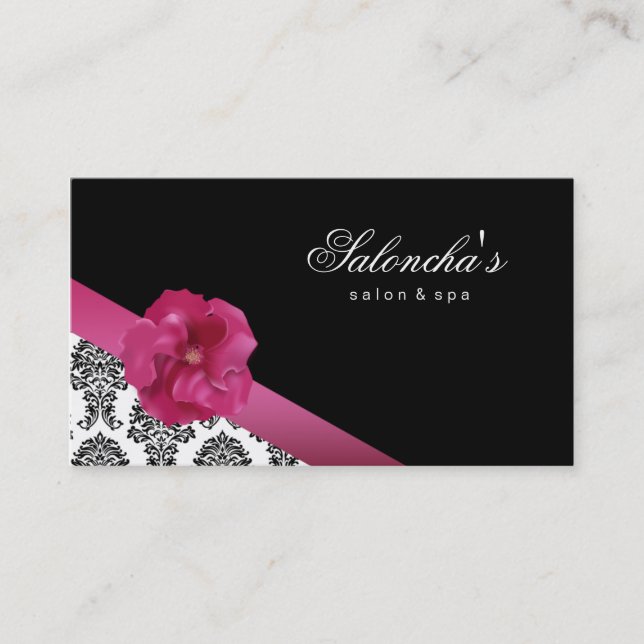 Salon Spa Business Card black pink floral damask (Front)