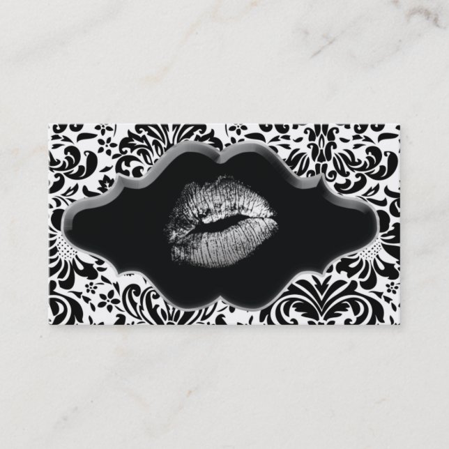 Salon Spa Business Card Black Silver Lips (Front)