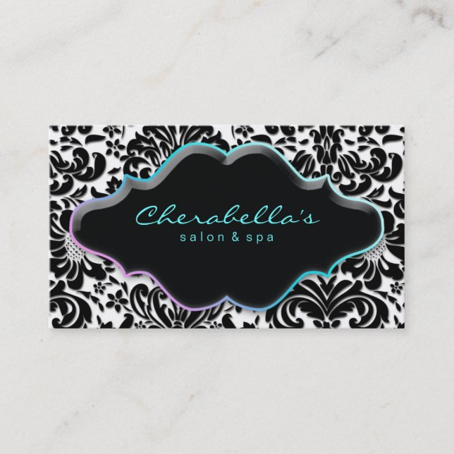 Salon Spa Business Card Blue Pink Damask (Front)