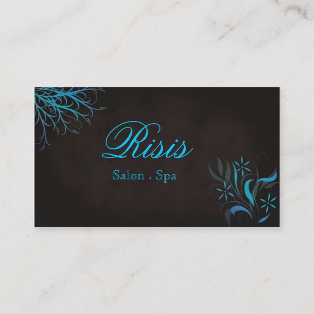 Salon Spa Business Card Blue Turquoise on Black (Front)