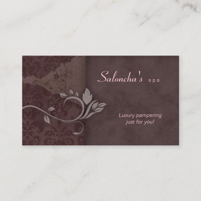 Salon Spa Business Card brown pink aged damask (Front)