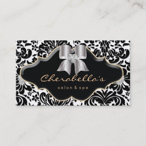Salon Spa Business Card Gold Jewel Bow Damask