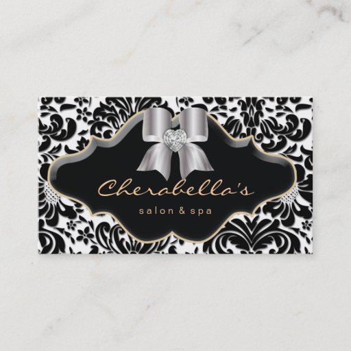 Customizable Salon Spa Business Card Gold Jewel Bow Damask