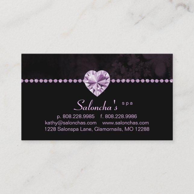 Salon Spa Business Card purple heart rhinestone (Front)