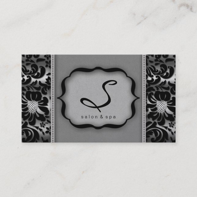 Salon Spa Business Card Silver Damask Floral (Front)