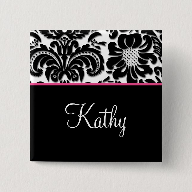 Salon Spa Damask Name Tag Button Brooch pink (Front)