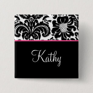 Salon Spa Damask Name Tag Button Brooch pink