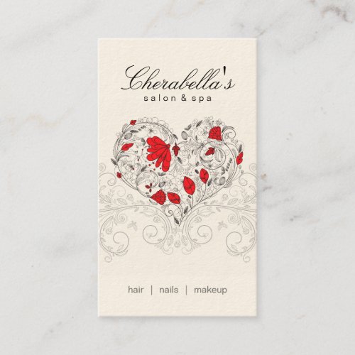 Salon Spa Floral Heart Red Cream Business Card Template